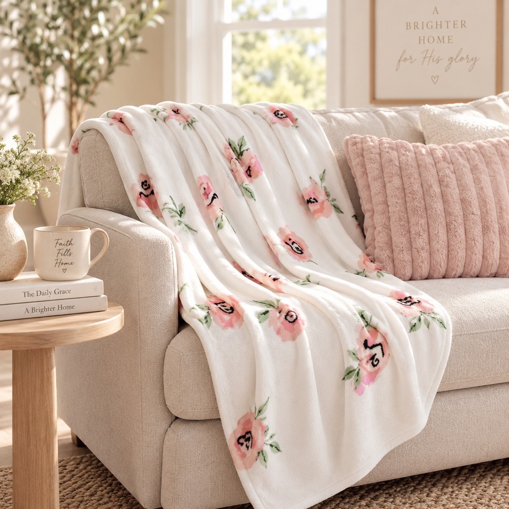 Room Essentials Floral Chenille Throw Blanket Pink Rose Faux Shearling 50x60 NEW